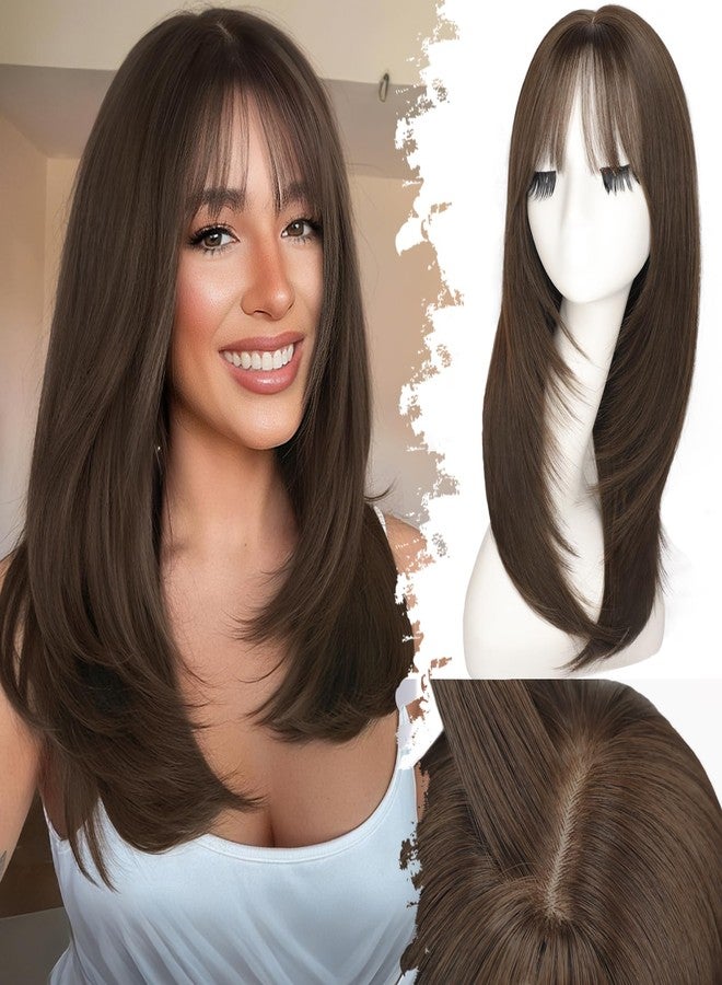 Eawwii Wig with Bangs for Women Medium Brown Straight Face-Framing Layers Hairstyle 4x4 Realistic Scalp Glueless Synthetic Wigs Medium Length for Everyday Use - Image 1